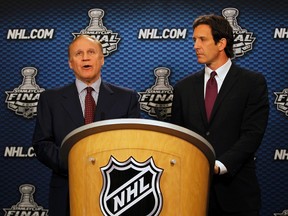 NHL senior vice president of hockey operations Colin Campbell (L) and Brendan Shanahan. (REUTERS/Mike Blake)