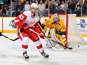 The Red Wings won't have Darren Helm for the rest of the playoffs after he lacerated tendons in his right forearm on Wednesday, April 11, 2012. (Frederick Breedon/Getty Images/AFP/Files)