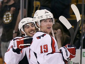 Nicklas Backstrom of the Washington Capitals is congratulated by teammate Jay Beagle after Backstrom scored the game winner in game two of the Eastern Conference quarterfinals. (Getty Images/AFP)
