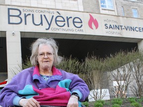 Tuesday, April 17, 2012 Ottawa -- Anne Lepage is a resident at the Saint-Vincent Hospital Continuing Care Centre. She's confined to a wheelchair and says without a laundry service, her son has to come help her do the laundry. The laundry service has been cut in an attempt to control a deficit.MICHAEL AUBRY/Ottawa Sun/QMI AGENCY