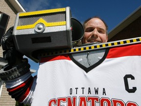 Tuesday, April 17, 2012 Ottawa -- Luc Guertin will be making a few modifications to his elaborate, home-made Robbie The Friendly Robot outfit in time for Wednesday's Senators home game. He plans to entertain the Red Zone crowds with his voice-synthesized pleasantries.DOUG HEMPSTEAD/Ottawa Sun/QMI AGENCY