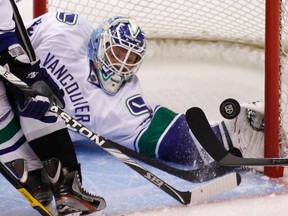 Canucks goaltender Cory Schneider makes a save against the Kings during Game 4 of their NHL Western Conference quarterfinal series at the Staples Center in Los Angeles, Calif.,  April 18, 2012. (DANNY MOLOSHOK/Reuters)