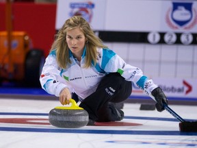 Winnipeg skip Jennifer Jones slides into the Tuesday afternoon practice session at the Players' Championship in Summerside, P.E.I. The defending champion is looking to cash in at the last major of the season. (ANIL MUNGAL / CAPITAL ONE)