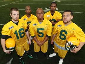 The Eskimos had five quarterbacks at mini-camp this year, but could pare that number down to four by the time the season starts. (David Bloom, Edmonton Sun)