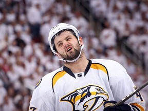 Nashville Predators' Alexander Radulov reacts in Game 1 of the Western Conference second-round series against the Phoenix Coyotes in Glendale, Arizona on April 27, 2012. (Christian Petersen/Getty Images/AFP)