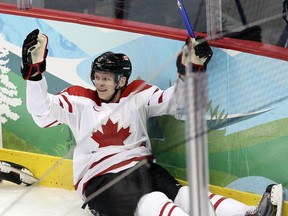Corey Perry celebrates his goal at the Vancouver Olympics (Andre Forget/QMI Agency).