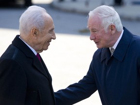 Governor General David Johnston welcomed Shimon Peres, president of Israel, to Rideau Hall in Ottawa, May 7, 2012. (Chris Roussakis/QMI Agency)