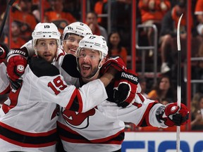 Ilya Kovalchuk, of the New Jersey Devils, celebrates his power play goal against the Philadelphia Flyers in Game 5. (GETTY)