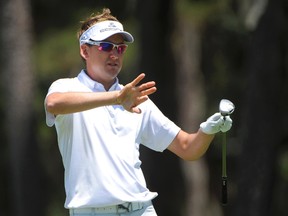 Ian Poulter reacts after his second shot on the 16th fairway during the first round of the Players Championship in Ponte Vedra Beach, Fla., May 10, 2012. (BRIAN BLANCO/Reuters)
