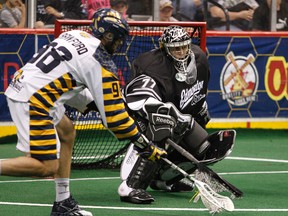 Aaron Bold of the Edmonton Rush stops Callum Crawford of the Minnesota Swarm during Saturday night's NLL West Division Finals in Minneapolis.
Bruce Kluckhohn, QMI Agency