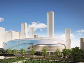 Design for new downtown arena images released by the city of Edmonton on May 16, 2012. Exterior view of the arena from the north.