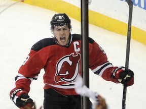 New Jersey Devils' Zach Parise celebrates after scoring against the Philadelphia Flyers during the third period in Game 3 of their NHL Eastern Conference semi-final playoff hockey game in Newark, New Jersey, May 3, 2012. (REUTERS/Ray Stubblebine)