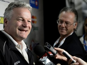 London knight assistant Coach Dale Hunter answers reporters questions during a news conference at the Bionest Center in Shawinigan Quebec, Sunday May 20, 2012. (QMI Agency/Didier Debusschere)