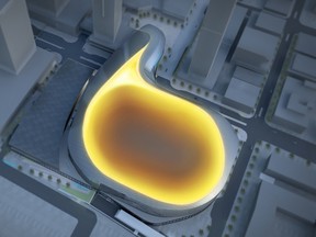 Design for new downtown arena images released by the city of Edmonton on May 16, 2012.  Exterior aerial view of the roof oil drop. PHOTO SUPPLIED