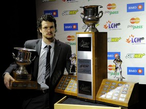 Brendan Shinnimin of the Tri-City Americans in the WHL won the Player of the year and Top scorer trophies  during the Canadian Hockey League Awards ceremony at the Cultural Center in Shawinigan Quebec, Saturday May 25, 2012. (QMI Agency/Didier Debusschere)
