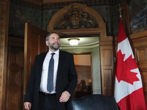 NDP Opposition Leader Thomas Mulcair arrives for a meeting May 28, 2012 at Parliament Hill in Ottawa with Shawn Atleo, National Chief of the Assembly of First Nations. (Andre Forget/QMI AGENCY)