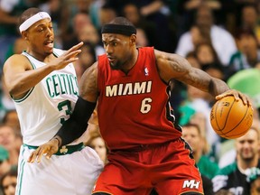 Heat forward LeBron James drives to the basket against Celtics forward Paul Pierce during Game 6 of the NBA Eastern Conference final at TD Garden in Boston, Mass., June 7, 2012. (BRIAN SNYDER/Reuters)