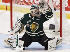 London Knights goaltender Michael Houser concedes a goal to the Saint John Seadogs during their Memorial Cup match in Shawinigan, Que., May 19, 2012. (MATHIEU BELANGER/Reuters)