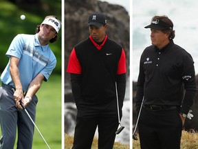 Bubba Watson (left), Tiger Woods (centre) and Phil Mickelson. (Andy Lyons/Getty Images/AFP, Ezra Shaw/Getty Images/AFP)