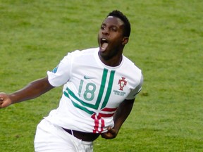 Portugal's Silvestre Varela celebrates after scoring the eventual game-winning goal against Denmark during Euro 2012 action in Lviv, Ukraine, on June 13, 2012. (Gleb Garanich/Reuters)