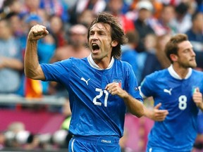 Italy's Andrea Pirlo celebrates his goal against Croatia during their Group C Euro 2012 soccer match at city stadium in Poznan, June 14, 2012.  (REUTERS)
