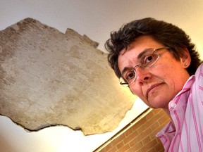 Owen Sound mayor Deb Haswell stands Tuesday June 5, 2012 beneath the area of the  chamber council's ceiling at city hall that collapsed after  heavy rains this past weekend overwhelmed the building  flat roof. WILLY WATERTON/OWEN SOUND SUN TIMES/QMI AGENCY