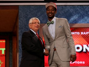 Terrence Ross of the Washington Huskies greets NBA commissioner David Stern after he was selected number eighth overall by the Toronto Raptors during the first round of the 2012 NBA Draft at Prudential Center on June 28, 2012 in Newark, N.J.