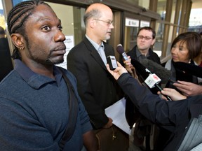 Kirk Steele at the courthouse in downtown Edmonton on September 29, 2010 with his lawyer Tom Engel after filing an information against Sgt. Bruce Edwards relating to Steele's 2006 incident where he was shot four times by officers after fleeing from police and stabbing a police dog.  (EDMONTON SUN FILE PHOTO)