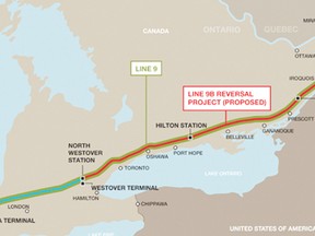 A map of the Enbridge pipeline Line 9 Map Westover.