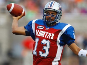 Alouettes quarterback Anthony Calvillo looks to pass against the Blue Bombers at Percival Molson Stadium in Montreal, Que., July 6, 2012. (OLIVIER JEAN/Reuters)