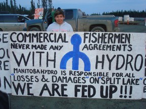 On Tuesday, July 10, protesters blocked an access road to Manitoba Hydro's new Keeyask dam.  (HANDOUT)
