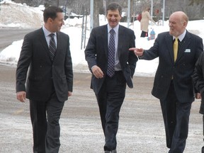 David Orazietti, Sault Ste. Marie MPP (left), Ontario Minister of Energy Chris Bentley and Sault College president Ron Common walk on campus on Thursday, Feb. 2, 2012 in Sault Ste. Marie, Ont. (BRIAN KELLY/THE SAULT STAR/QMI AGENCY).