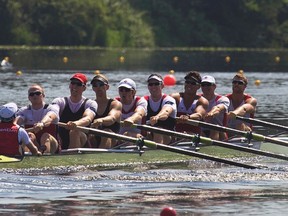 Members of the Canadian Men's 8 rowing team train for the London Olympics in Burnaby, B.C. on July 5, 2012. (Andy Clark/Reuters)