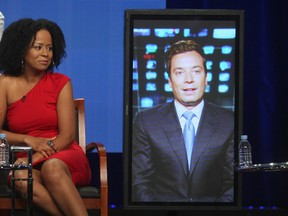 Actress Tempestt Bledsoe (L) and Executive Producer Jimmy Fallon (via satellite) speak at the 'Guys With Kids' panel during day 4 of the NBCUniversal portion of the 2012 Summer TCA Tour held at the Beverly Hilton Hotel on July 24, 2012 in Beverly Hills, California.   Frederick M. Brown/Getty Images/AFP