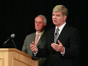NCAA president Mark Emmert speaks to the media at NCAA headquarters in Indianapolis, Ind., July 23, 2012. (BRENT SMITH/Reuters)