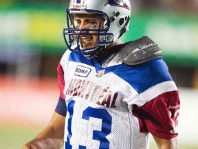 Montreal Alouettes quarterback Anthony Calvillo walks off the field after his last set of downs in their CFL football game against the Hamilton Tiger-Cats in Hamilton on July 21. Calvillo says his style is similar to Argos quarterback Ricky Ray.