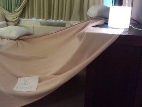 "No girls allowed!" -- a caption on one of the photos of the pillow fort Gord Edwards built at Winnipeg's Fairmont Hotel. The online gallery of Edwards' photos went viral Aug. 8, 2012. (IMGUR.COM)