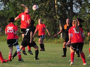 Jessica Dyck of the Portage Blaze leaps to head the ball during a 5-1 win over the Heat at Republic of Manitobah Park on Monday night. (Dan Falloon/Portage Daily Graphic)