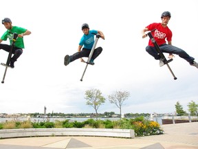 The Pogo Dudes give a demonstration of their extreme pogo stick performance to media in Sault Ste. Marie, Ont. on Friday, Aug. 10, 2012. The ninth annual Sault Buskerfest kicked off Friday. The street event features seven performers and runs until Sunday.
MICHAEL PURVIS/SAULT STAR/QMI AGENCY
