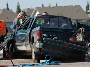 One man is dead following a two-vehicle collision at the intersection of Wye Road and Highway 21 in Sherwood Park, Alta. on Thursday afternoon. According to Strathcona County RCMP, an eastbound Dodge Dakota on Wye Road was struck by a northbound semi-truck on Highway 21 after the Dakota entered the intersection late, potentially running a red light.
BEN PROULX/SHERWOOD PARK NEWS/QMI AGENCY