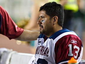Montreal Alouettes  Anthony Calvillo on the bench after a hard hit in second half CFL action at Commonwealth Stadium in Edmonton, Alta., on Friday, September 23, 2011. The Eskimos lost 21-34. AMBER BRACKEN/EDMONTON SUN/QMI AGENCY