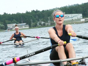 Missy Wilcox (left) and Katie Lockhart compete at a regatta on Rabbit Lake in Kenora. The lake will be busy on Saturday, Aug. 17 as the annual Tops and Bottoms Regatta hits the water with the first heat at 7:30 a.m. 
FILE PHOTO/Daily Miner and News