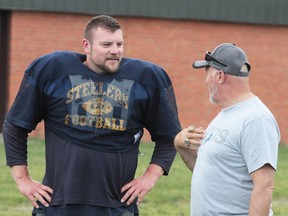 Brandon Lewis (left), seen during his playing days, chats with former Sault Steelers head coach Barry Rushon.