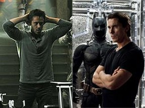 Colin Farrell, left, in "Total Recall" will have to take on Christian Bale in "Dark Knight Rises" at the box office.