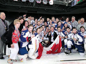 The Sudbury Wolves celebrate their World Junior Club Cup championship victory in Omsk, Russia on Aug. 26, 2012. The team announced it is returning to Omsk this August to defend its title. BEN LEESON The Sudbury Star
