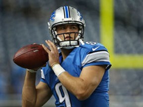 Matthew Stafford of the Detroit Lions warms up prior to the start of the game against the Cleveland Browns at Ford Field on August 10, 2012 in Detroit, Michigan. (Leon Halip/Getty Images/AFP)