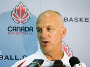 Coach Jay Triano talks to the media at Canada Basketball men’s camp on Monday at the Raptors’ Air Canada Centre practice facility. (Ernest Dorozsuk)