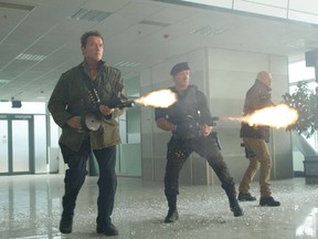 Arnold Schwarzenegger, Sylvester Stallone and Bruce Willis in The Expendables 2. (Handout)