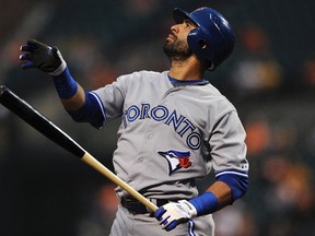 Blue Jays outfielder Jose Bautista will undergo season-ending wrist surgery and is expected to be recover in time for spring training. (PATRICK SMITH/Reuters file photo)