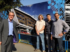 Matthew Carter, Pres. (l-r) with graduates Luke Johnson , Josh Klo and Fouad Hafiz at the Centre for Digital Media expected to open in September 2012, in Vancouver, BC., September 8, 2011.